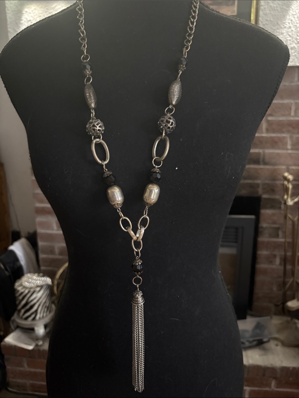 Vintage Silver-Tone Beaded Tassel Necklace